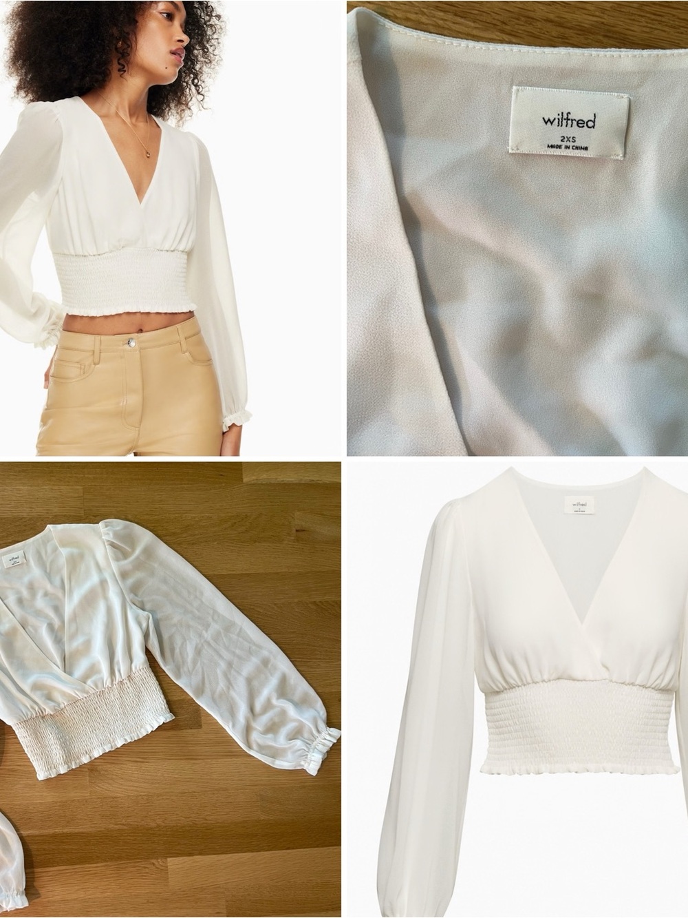 Wilfred Wistful Blouse 2XS Ivory Long Sleeve Smocked Crop Top